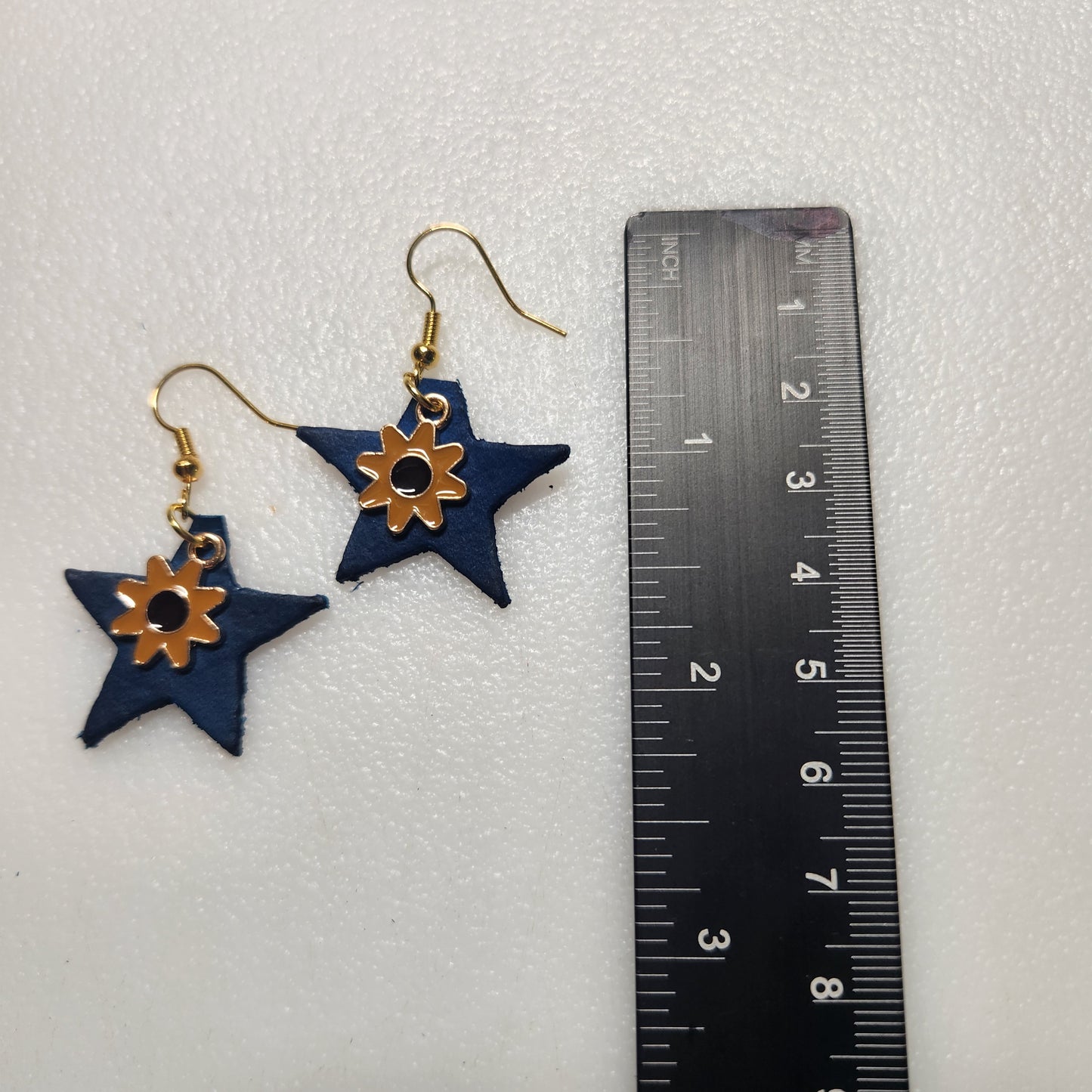 Bright Blue Leather Earrings with Yellow Flower Charm