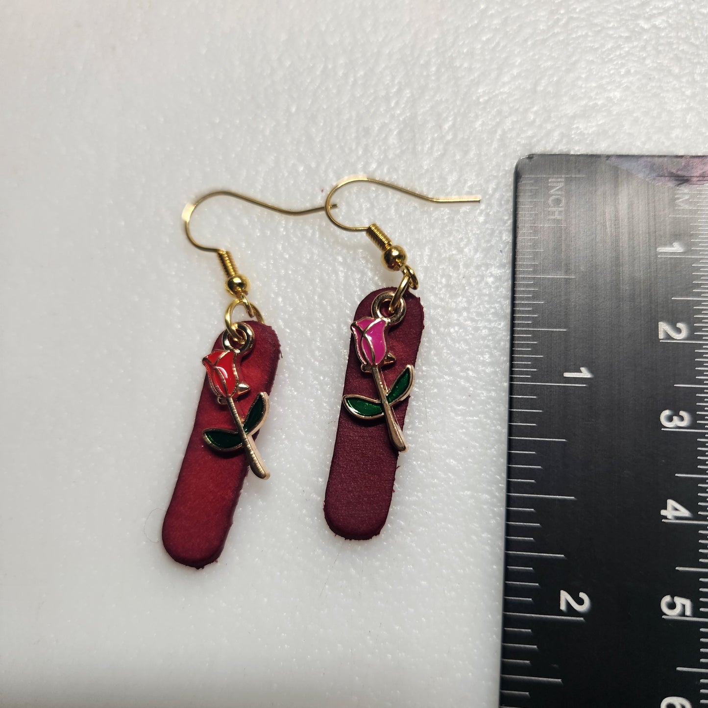 Classy Small Red Leather Earrings with Pretty Little Flower Charm