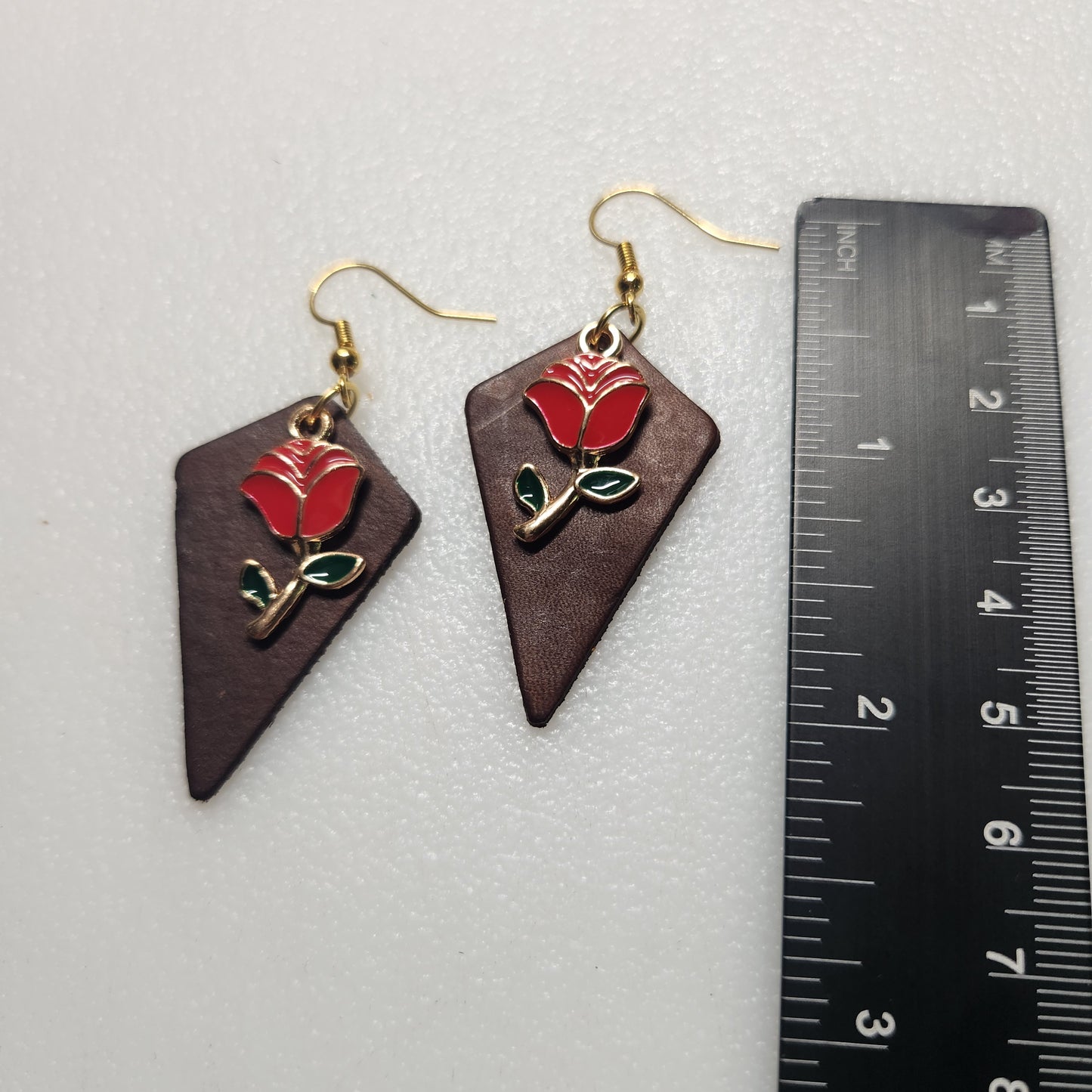 Classy Red Rose Charm on Rich Brown Leather Earring