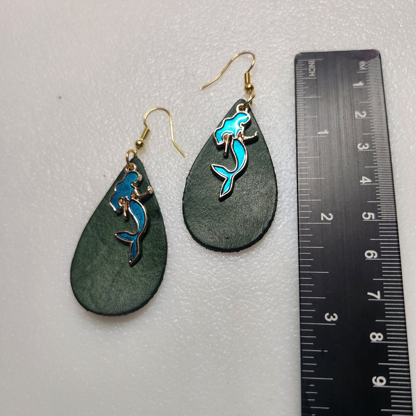 Rich Green Leather Earring with Aqua Colored Mermaid Charm