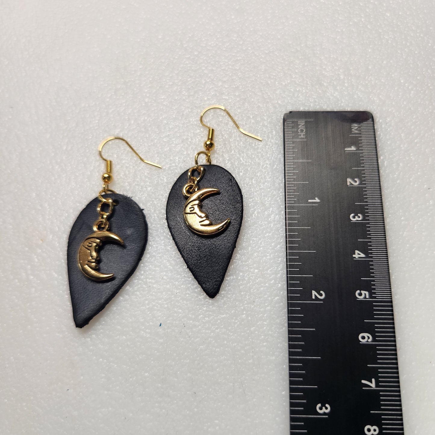 Catchy Small Black Leather Earrings with Gold Moon Charms