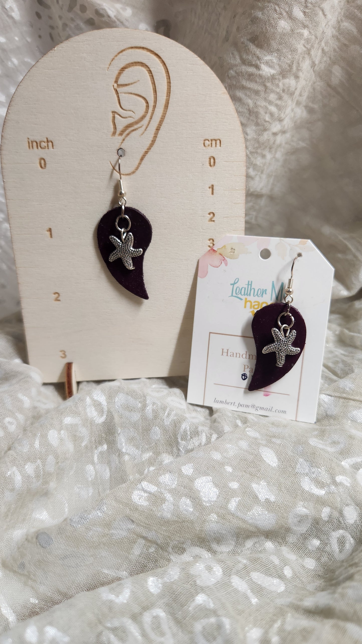 Plum Colored Leather Earring with Starfish Charm