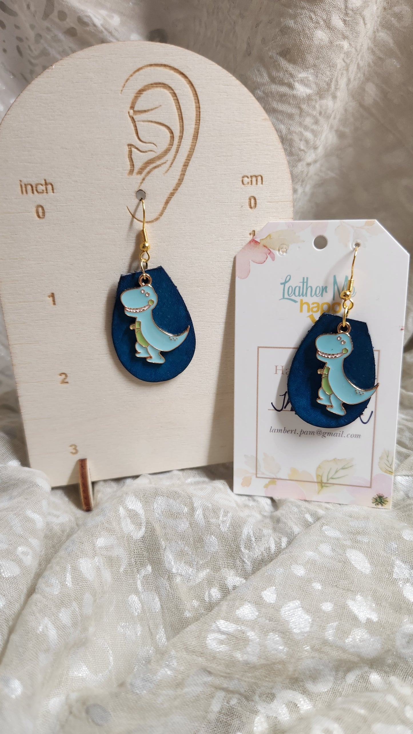 Turquoise Leather Earrings with Whimsical Dinosaur Charm