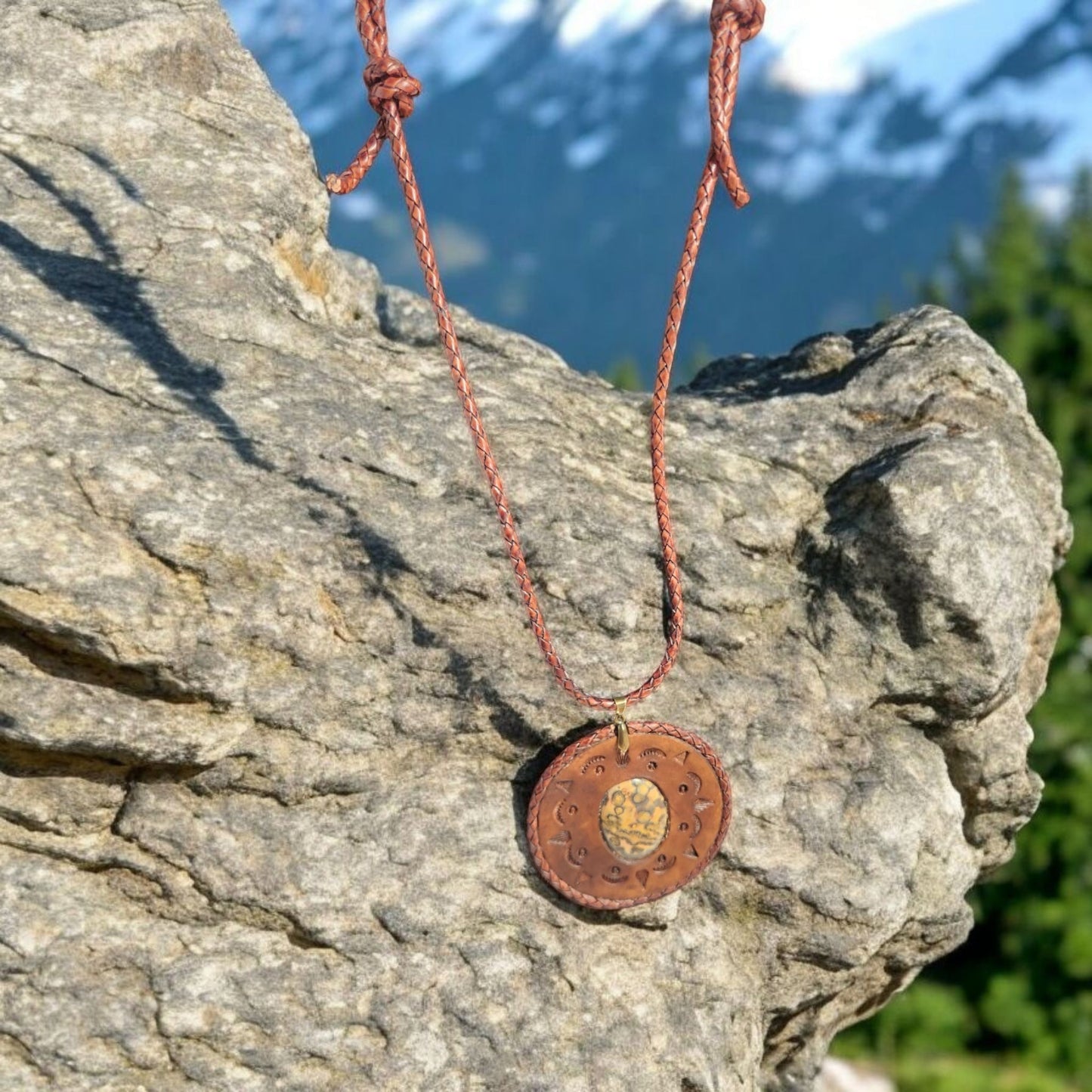 Brown leather 3" Pendant featuring a beautiful semi precious stone