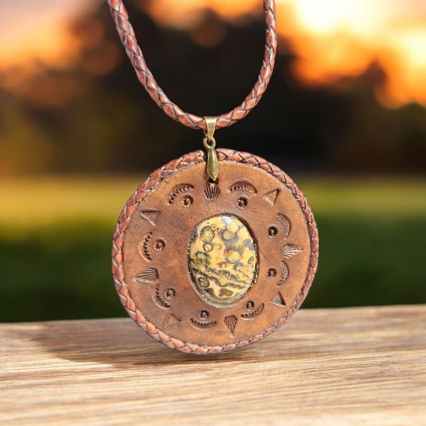 Brown leather 3" Pendant featuring a beautiful semi precious stone