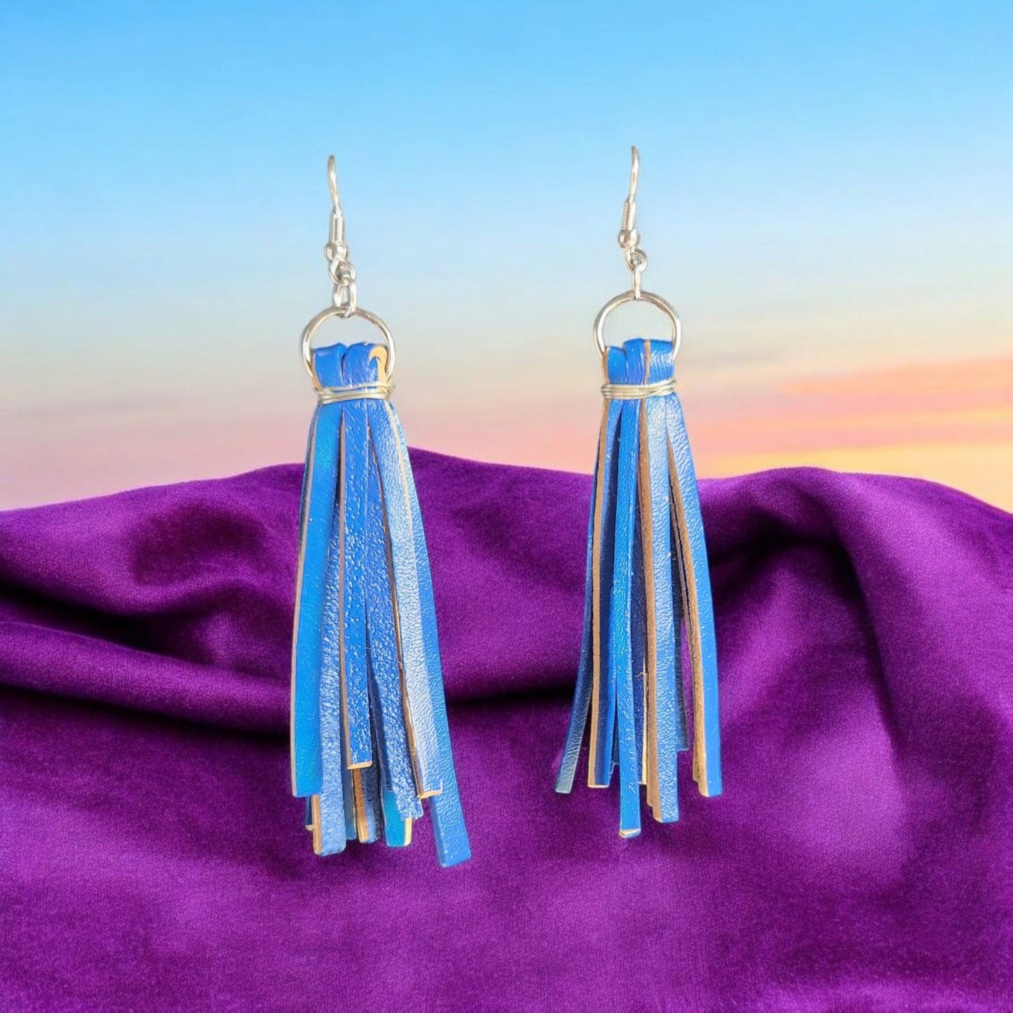Blue leather fringe earrings
