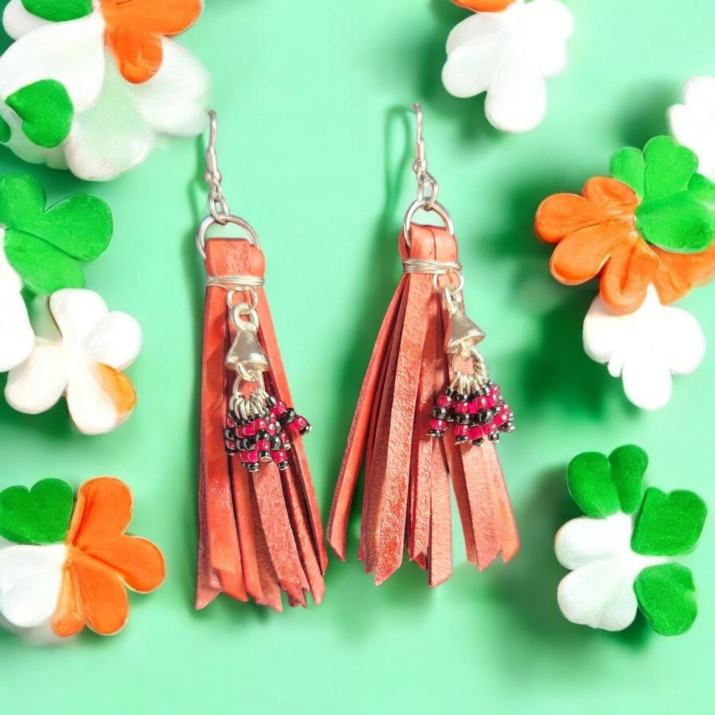 Red leather fringe earrings with added Red Bead Bling