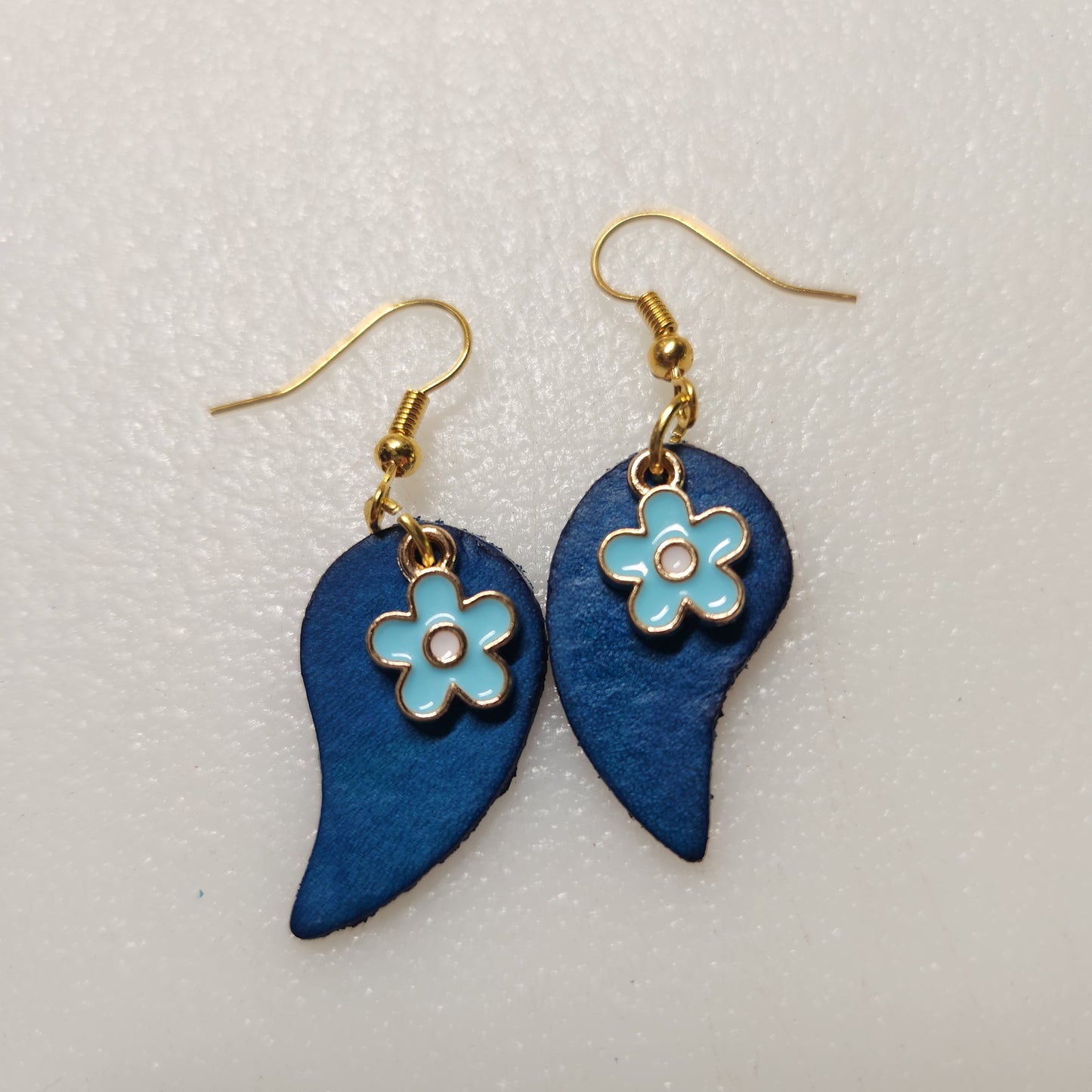 Blue Leather Earrings with Turquoise Flower