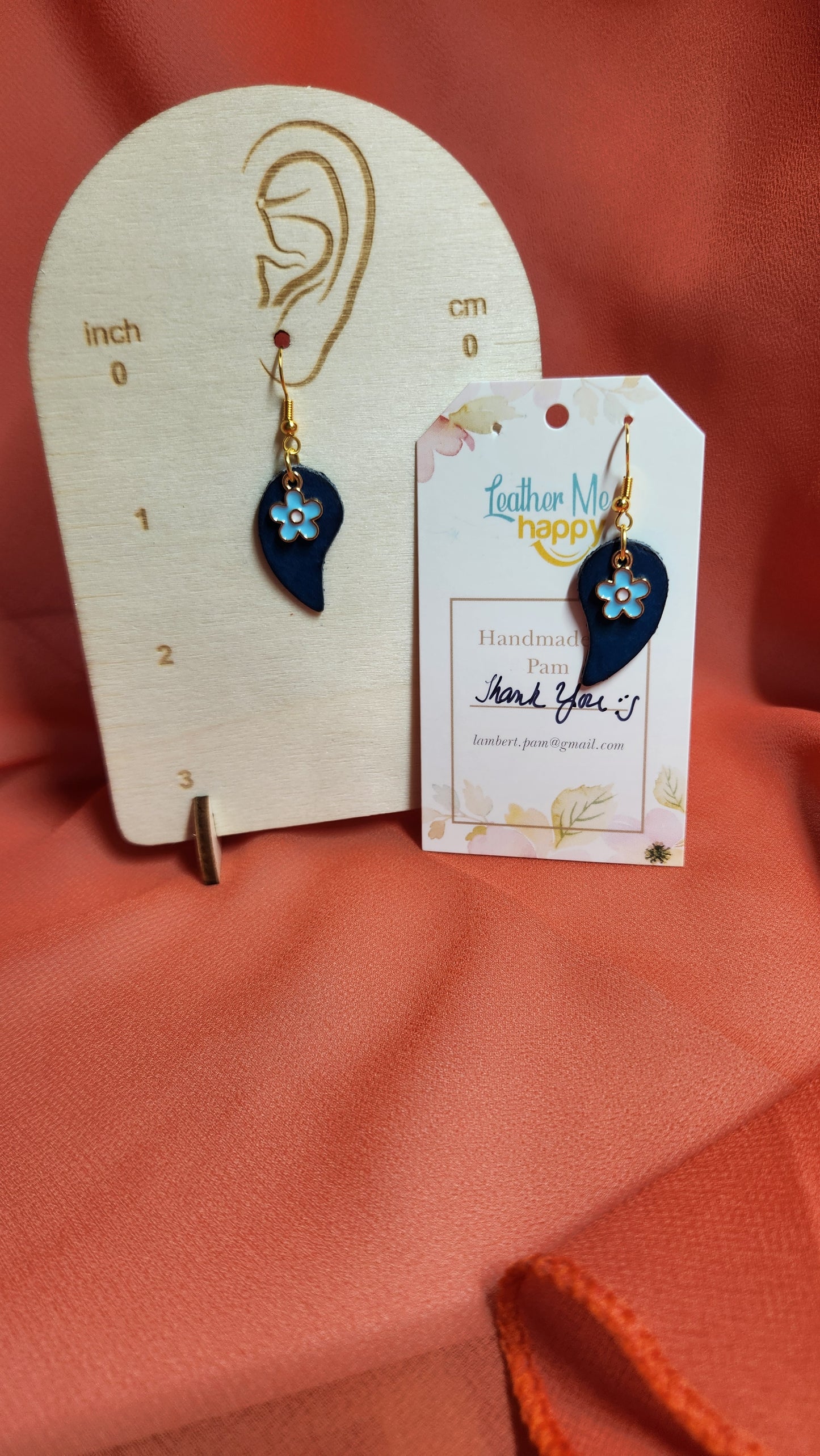 Blue Leather Earrings with Turquoise Flower