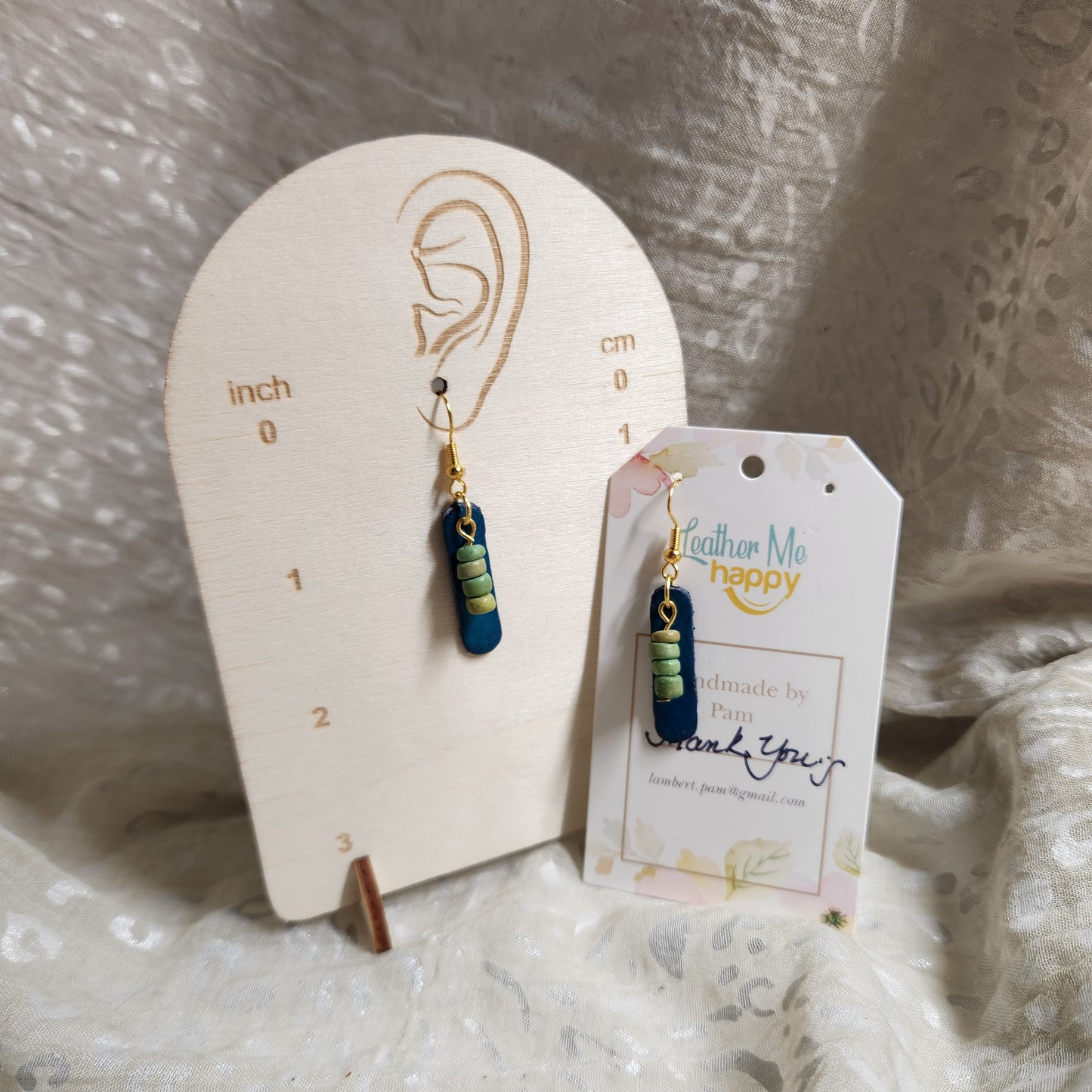 Small Turquoise Leather Earrings with Light Green Beads