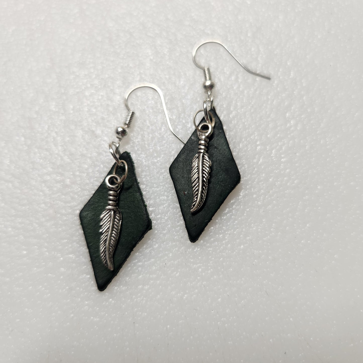 Small Green Leather Earrings with Feather Charm