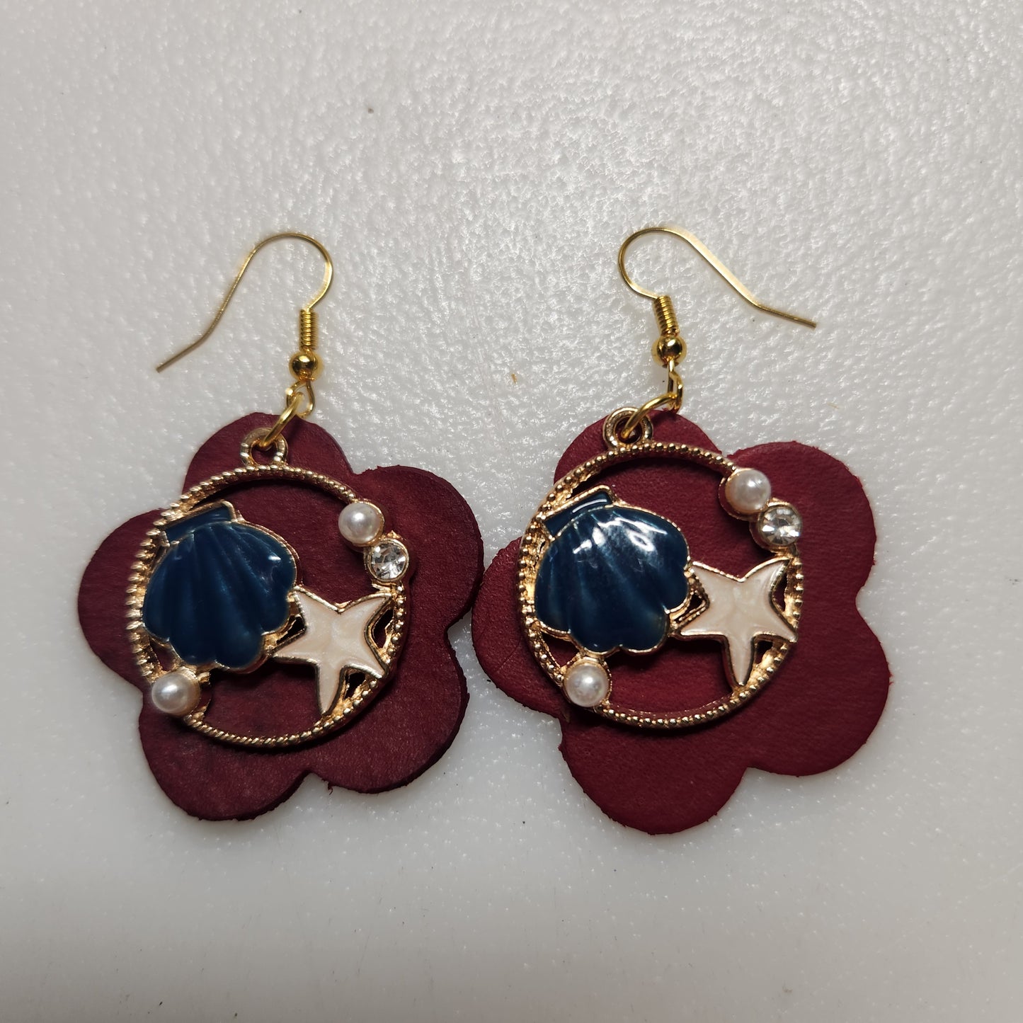 Red Leather Earrings with Blue and White Beachy Charm