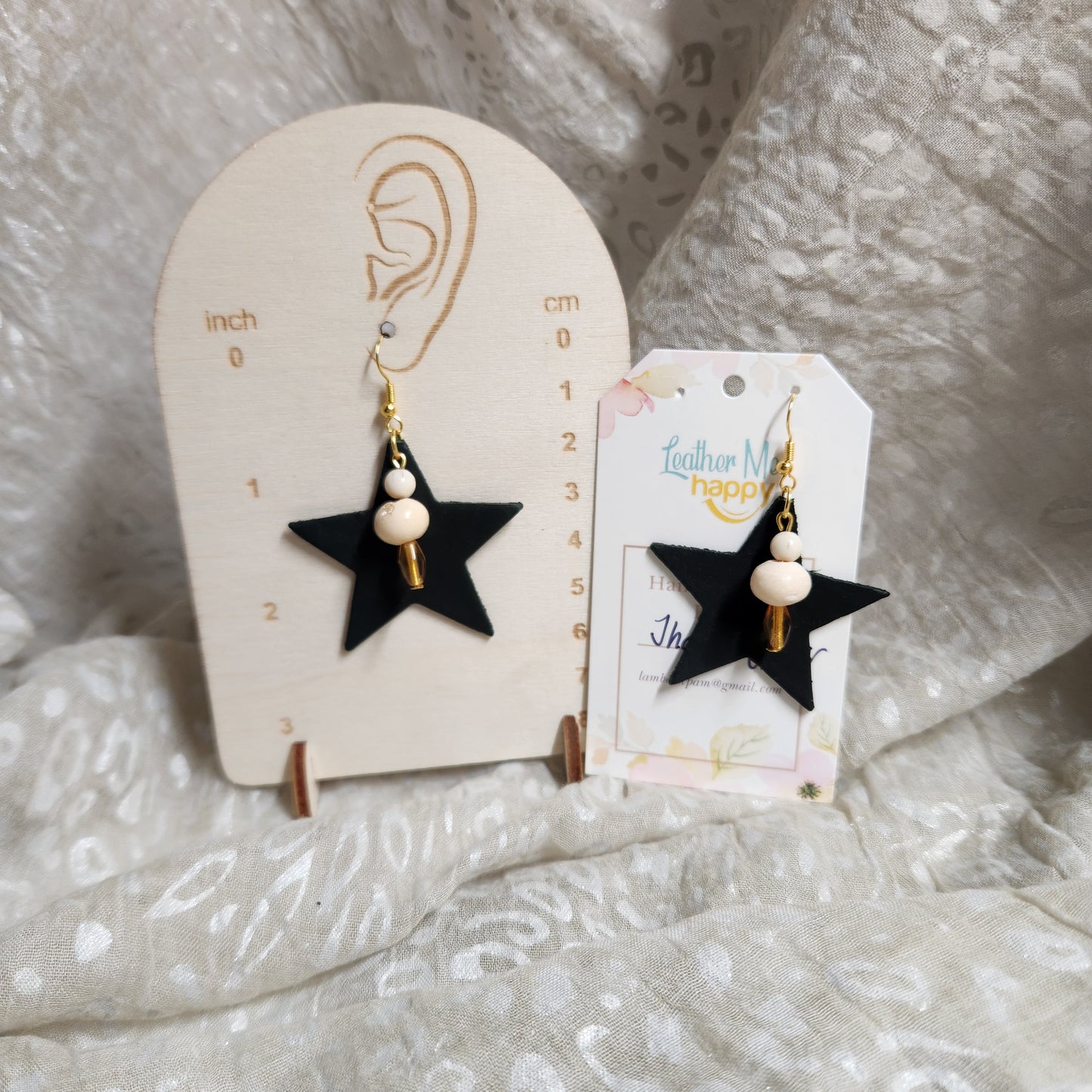 Dark Green Leather Star Earrings
