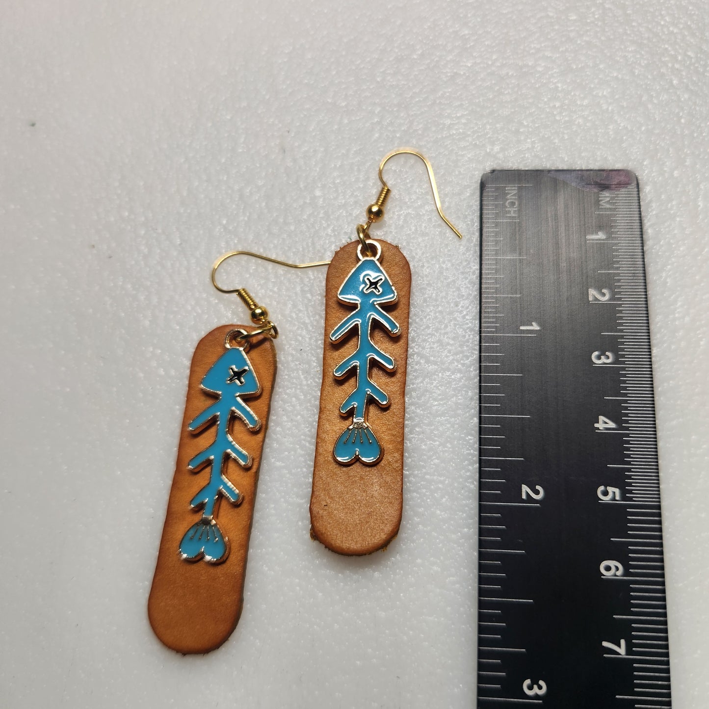 Leather Yellow Earrings with Fish Bone Charm