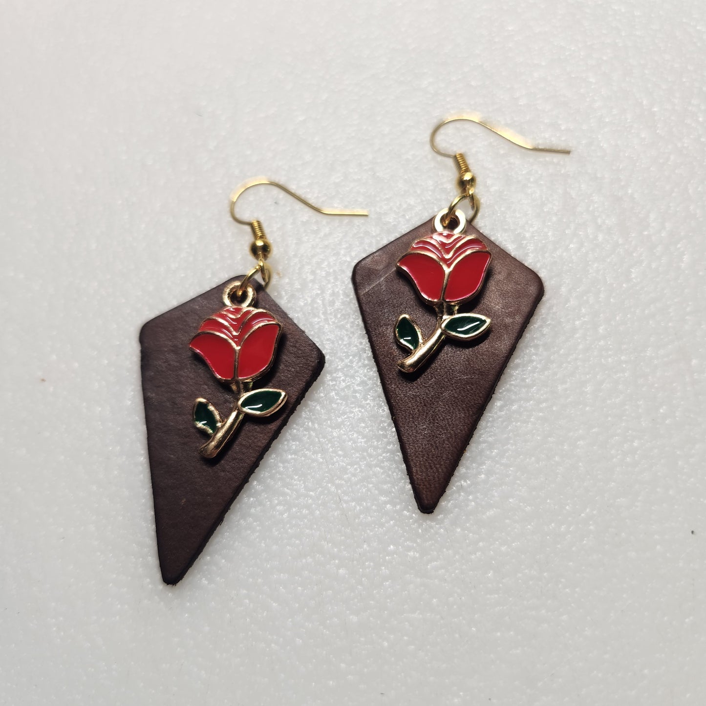 Classy Red Rose Charm on Rich Brown Leather Earring