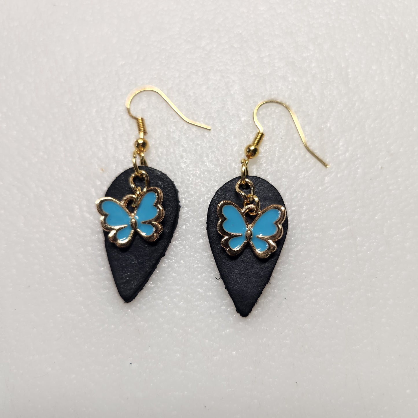 Dark Blue Leather Earrings with Bright Happy Butterfly Charm