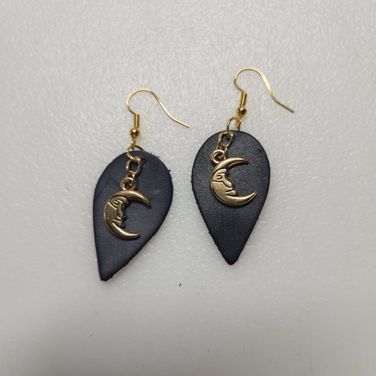 Catchy Small Black Leather Earrings with Gold Moon Charms