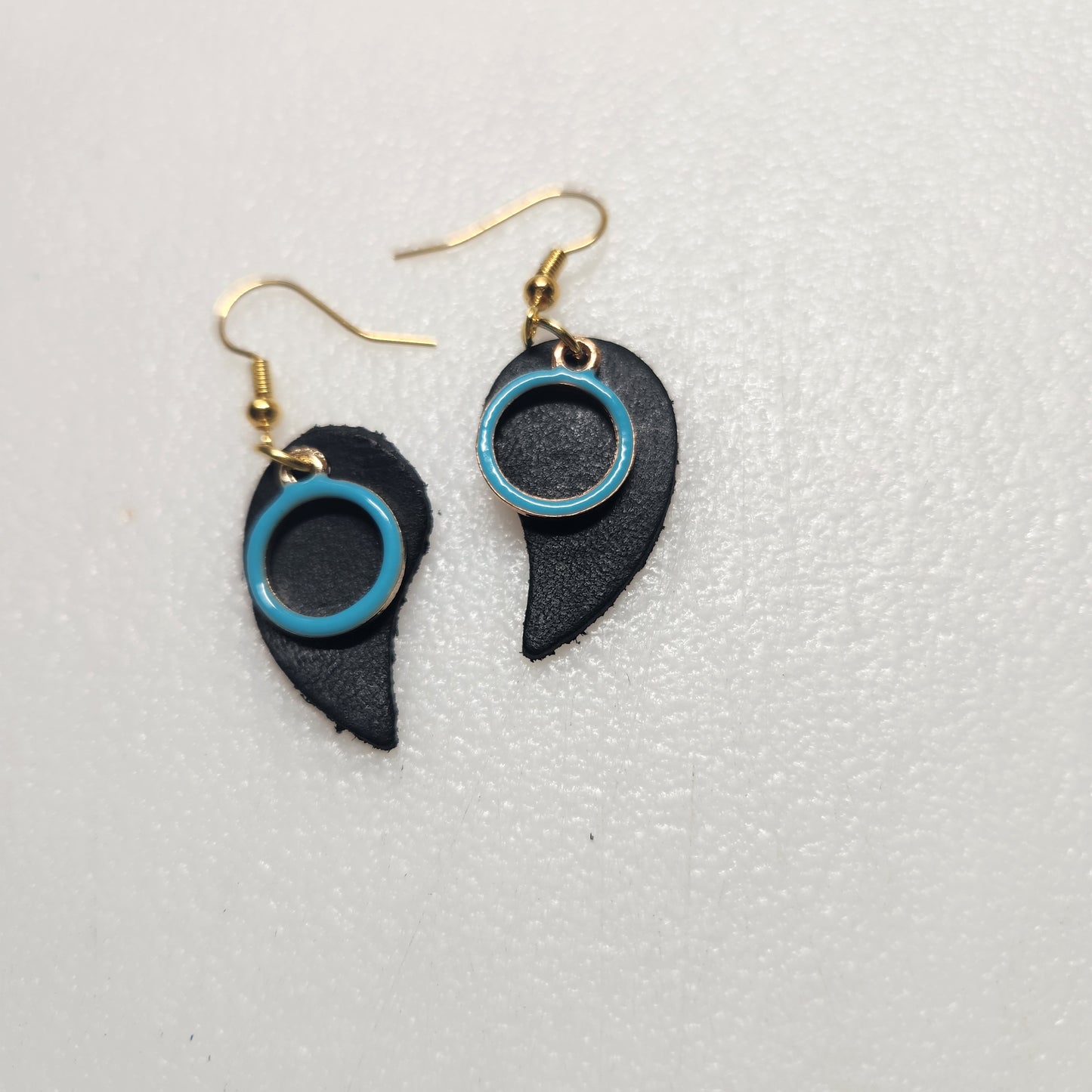 Adorable Small Black Leather Earring with Turquoise Circular Charm