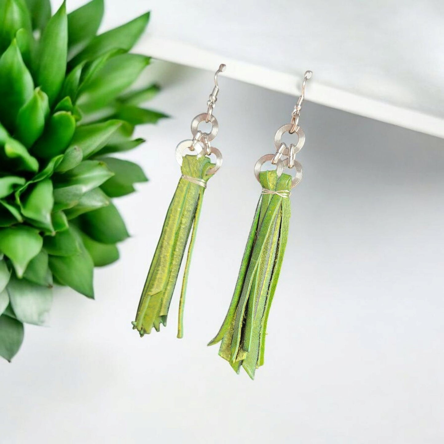 Green Leather Fringe Earrings
