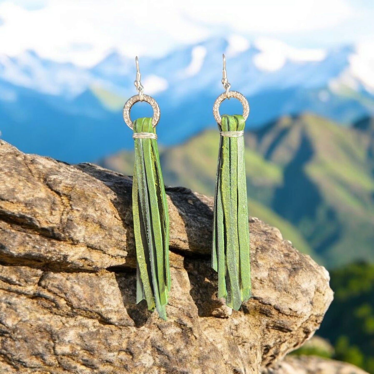 Green Leather Fringe Earrings with Bling