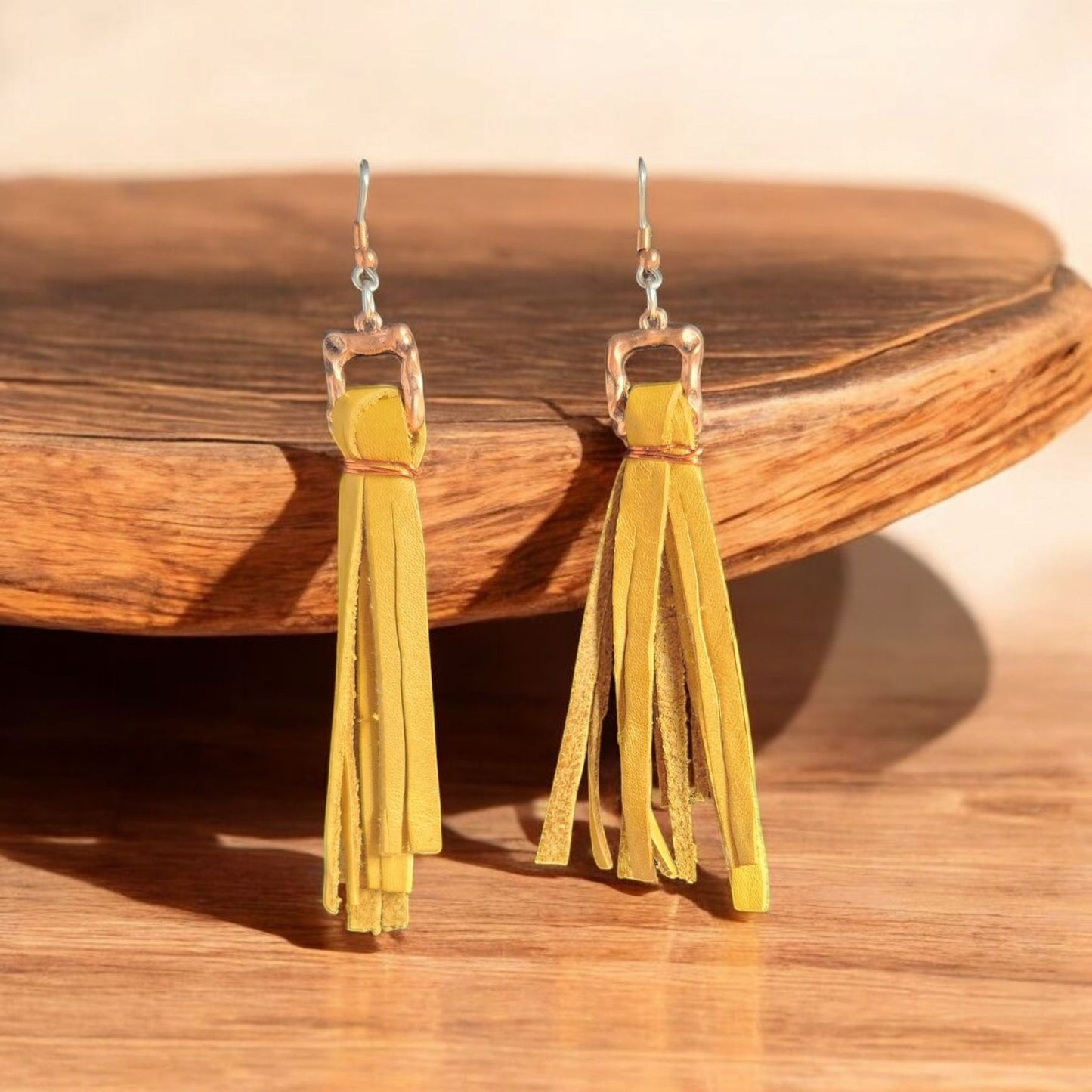 Yellow leather fringe earrings