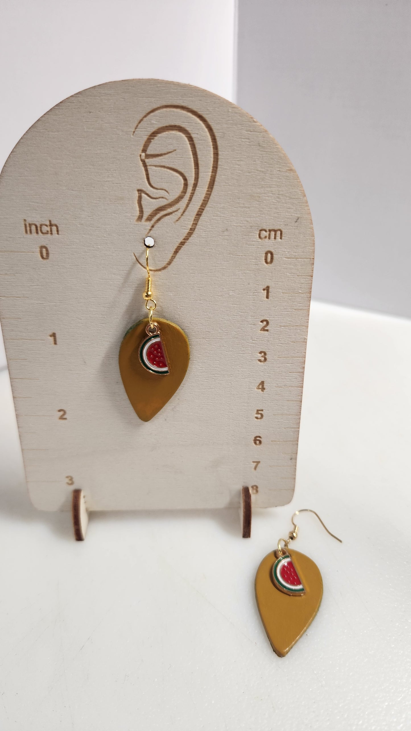 Yellow leather earrings with cute little watermelon charm