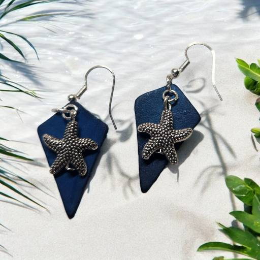 Classy Blue Leather Earrings with a Beach Theme