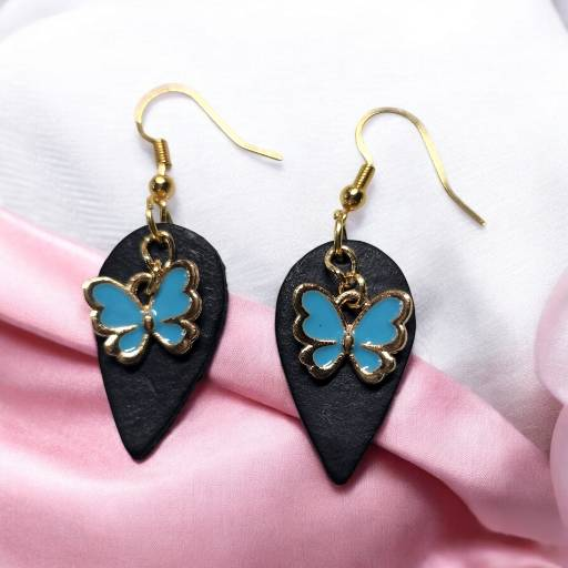 Dark Blue Leather Earrings with Bright Happy Butterfly Charm