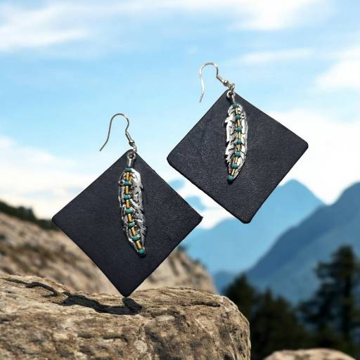 Big, Bold and Beautiful! Black Leather Earrings with Feather Charm