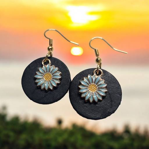 Classy Black Leather Earrings with Delicate Light Blue Flower Charm