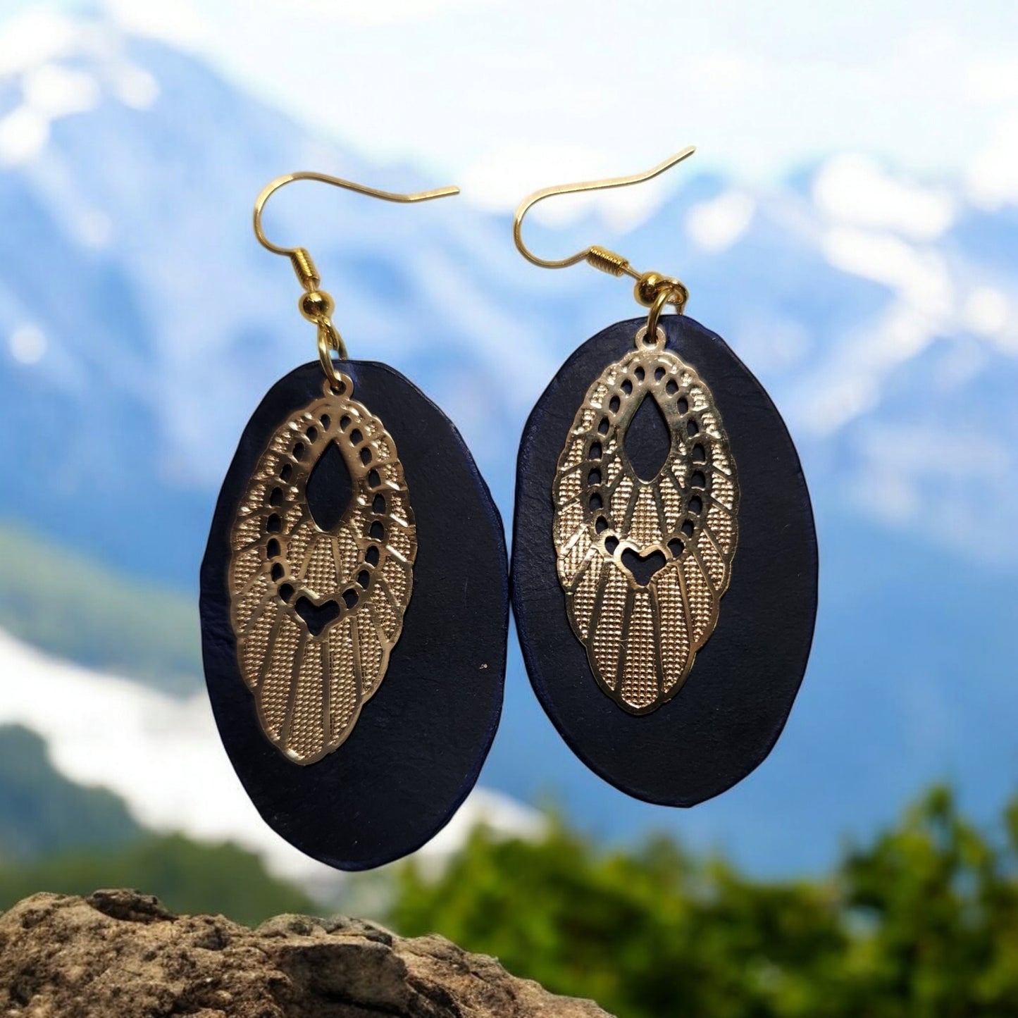 Deep Blue Leather Oval Earrings with Bright Gold Colored Bangles