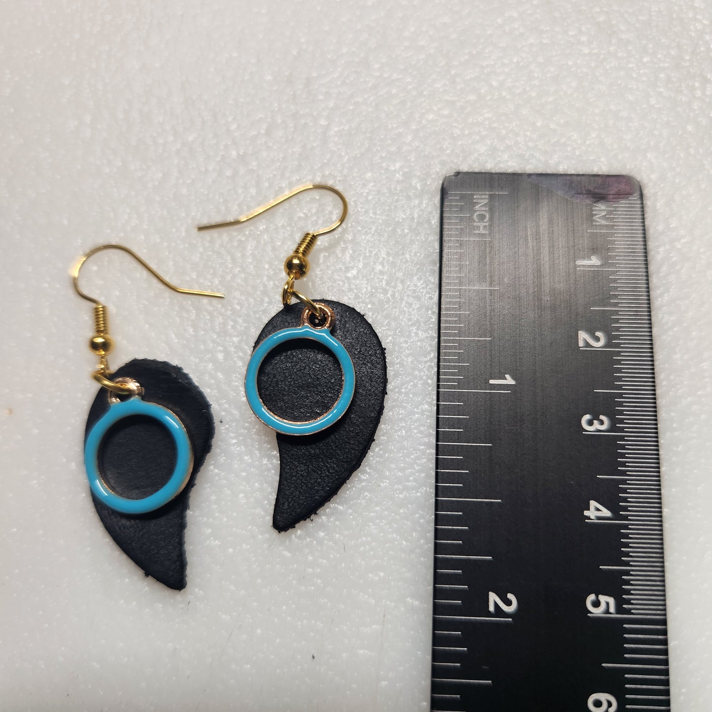 Adorable Small Black Leather Earring with Turquoise Circular Charm