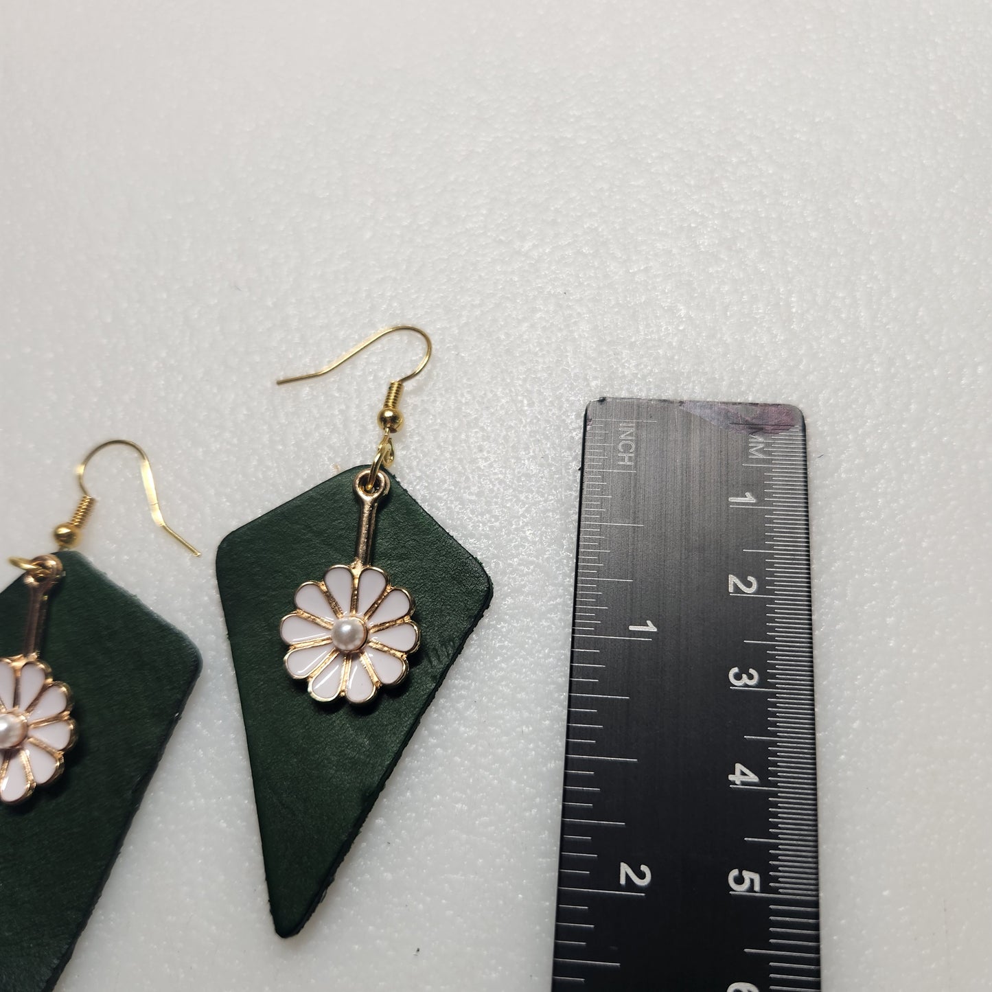 Rich Green Leather Earrings with Super Cute White Flower Charm