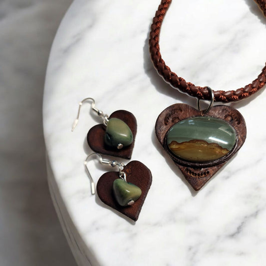 Beautiful tooled leather heart pendant with Unique Cabochon
