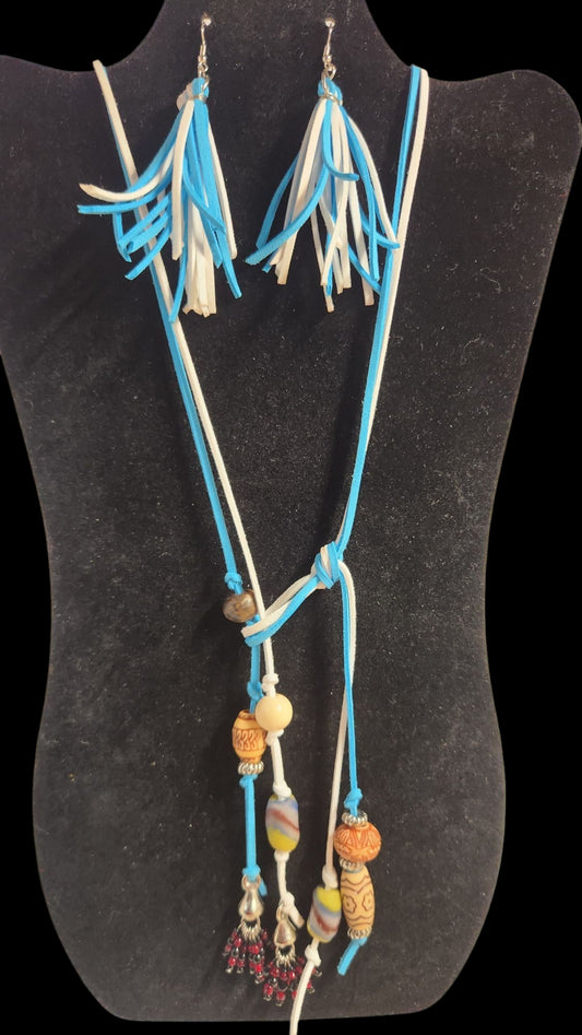 Light blue and white Boho style necklace and earring set