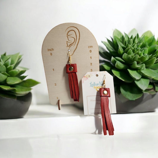 Classy red leather fringe earrings