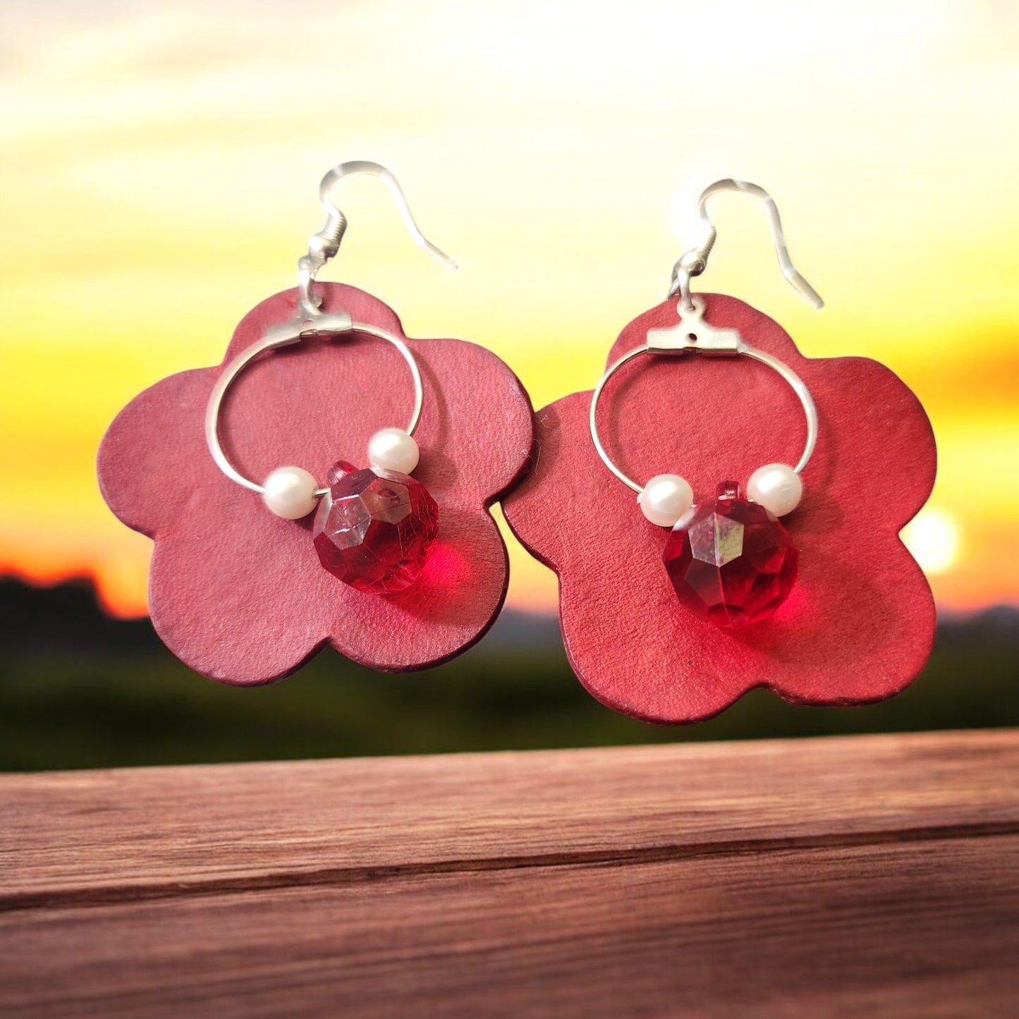 Red Leather Earrings with Beaded Dangle