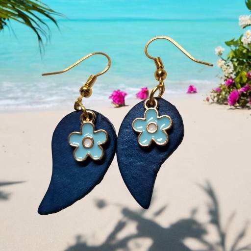 Blue Leather Earrings with Turquoise Flower