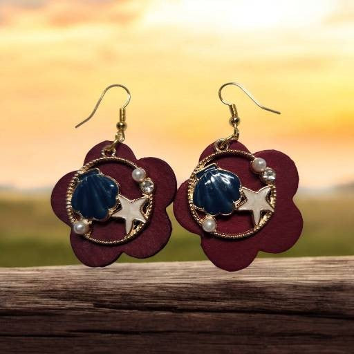 Red Leather Earrings with Blue and White Beachy Charm