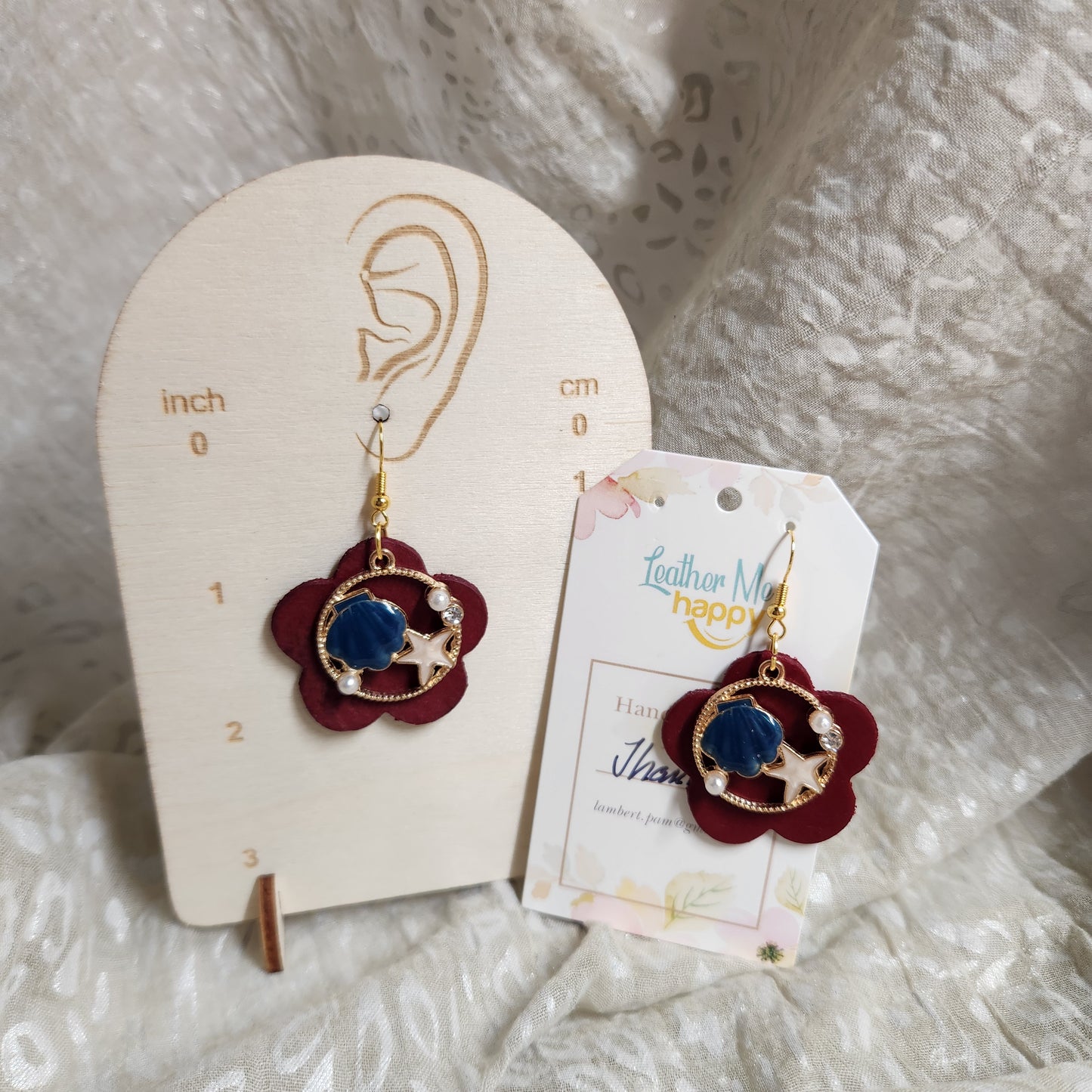 Red Leather Earrings with Blue and White Beachy Charm