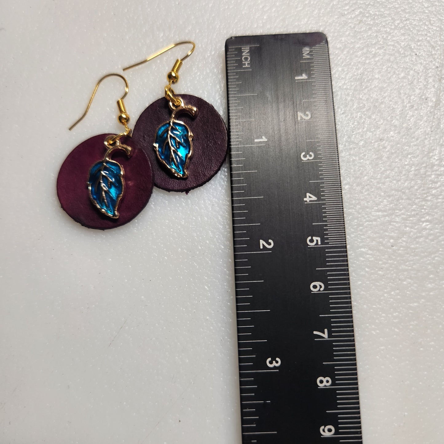 Purple Leather Earrings with Leaf Charm