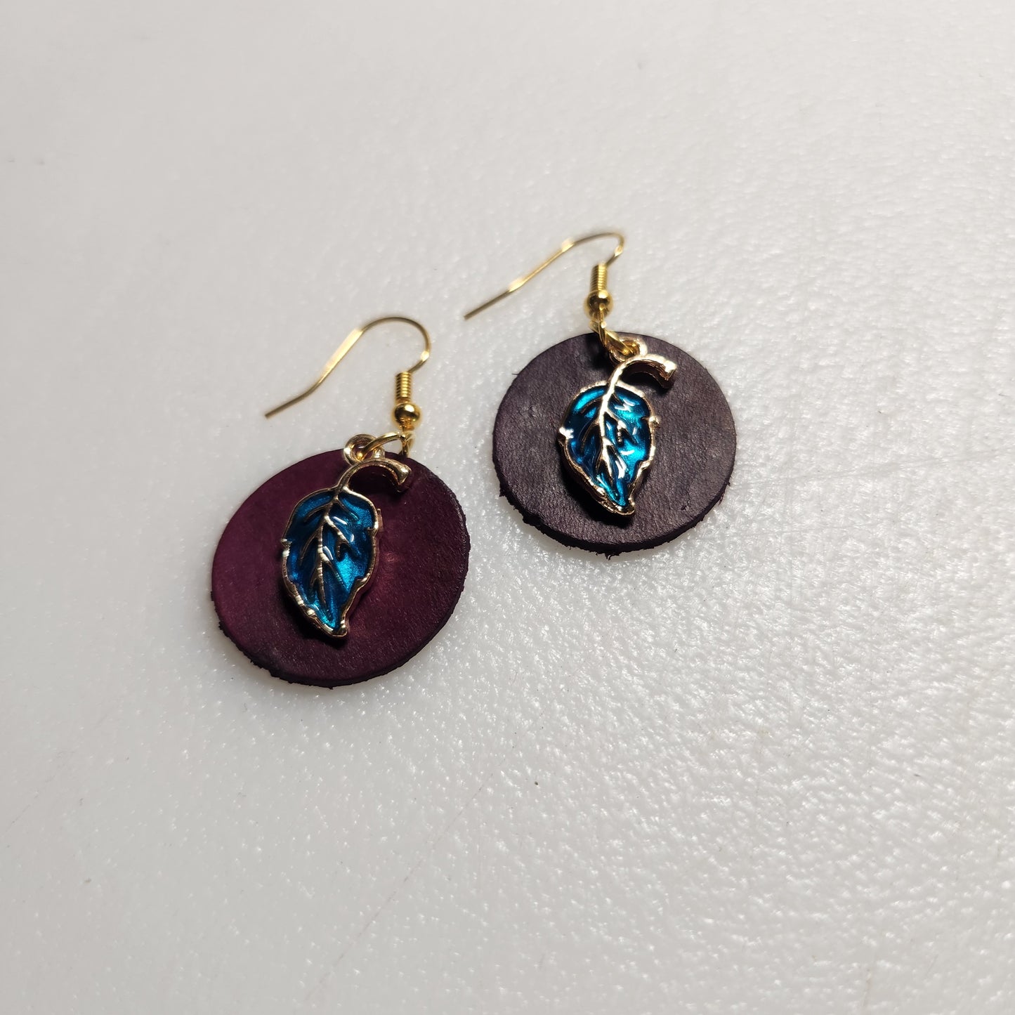 Purple Leather Earrings with Leaf Charm
