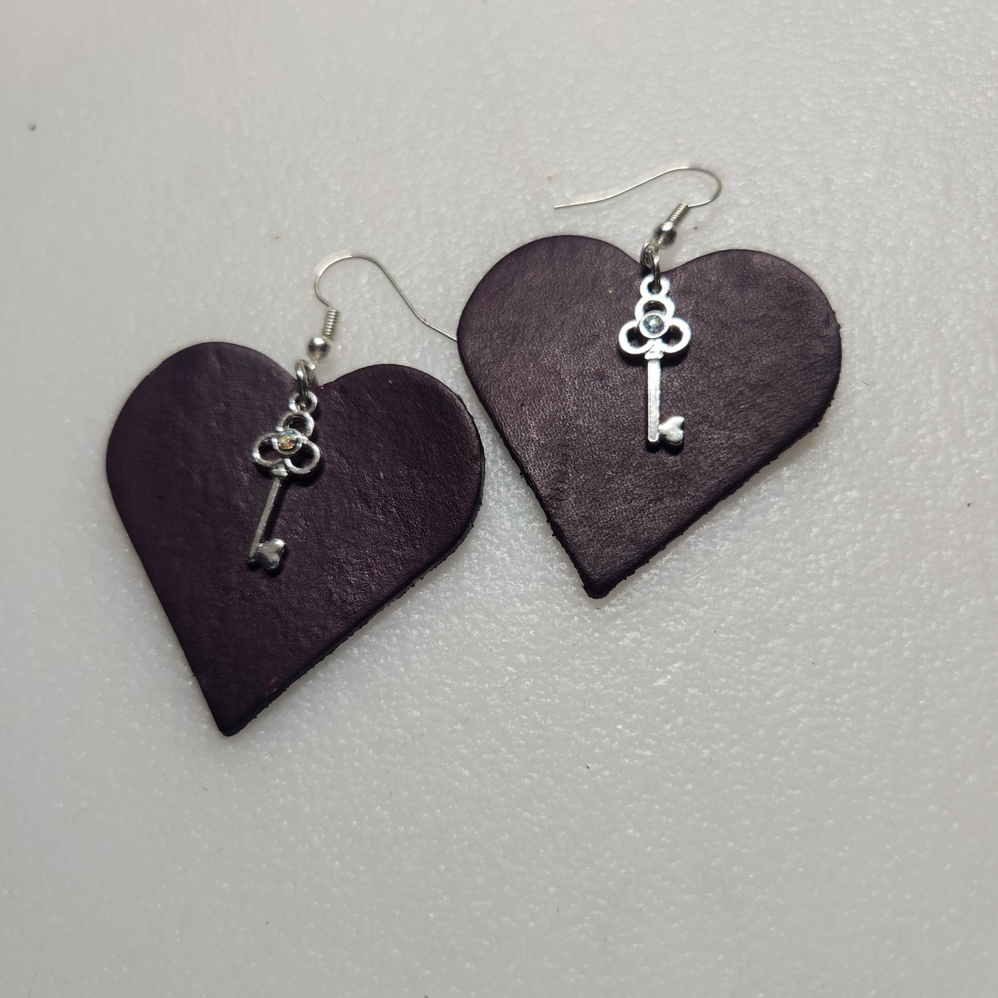 Deep Plum-Colored Leather Key-to-my-Heart Earrings