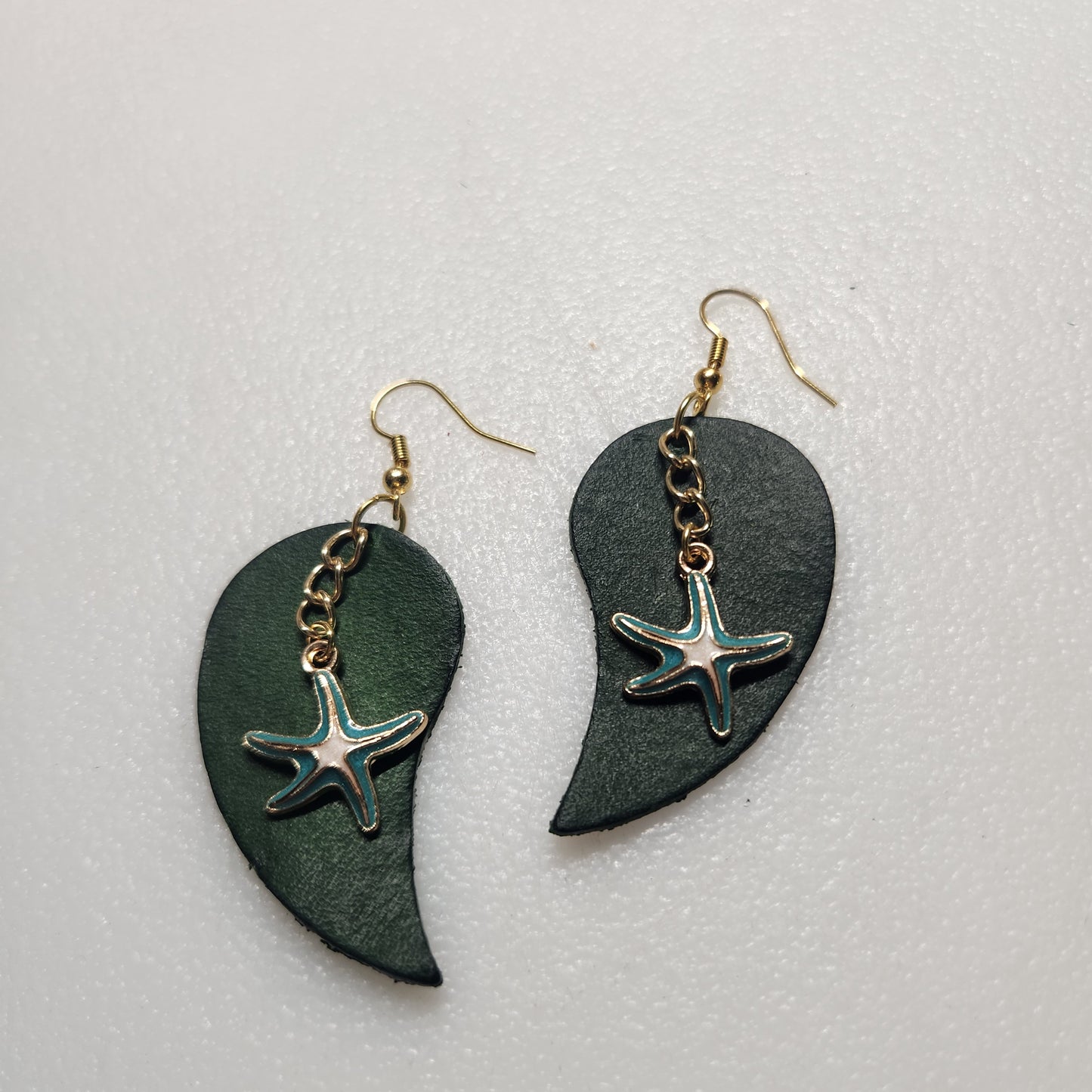 Gorgeous Green Leather Earrings with Turquoise Dangle Charm
