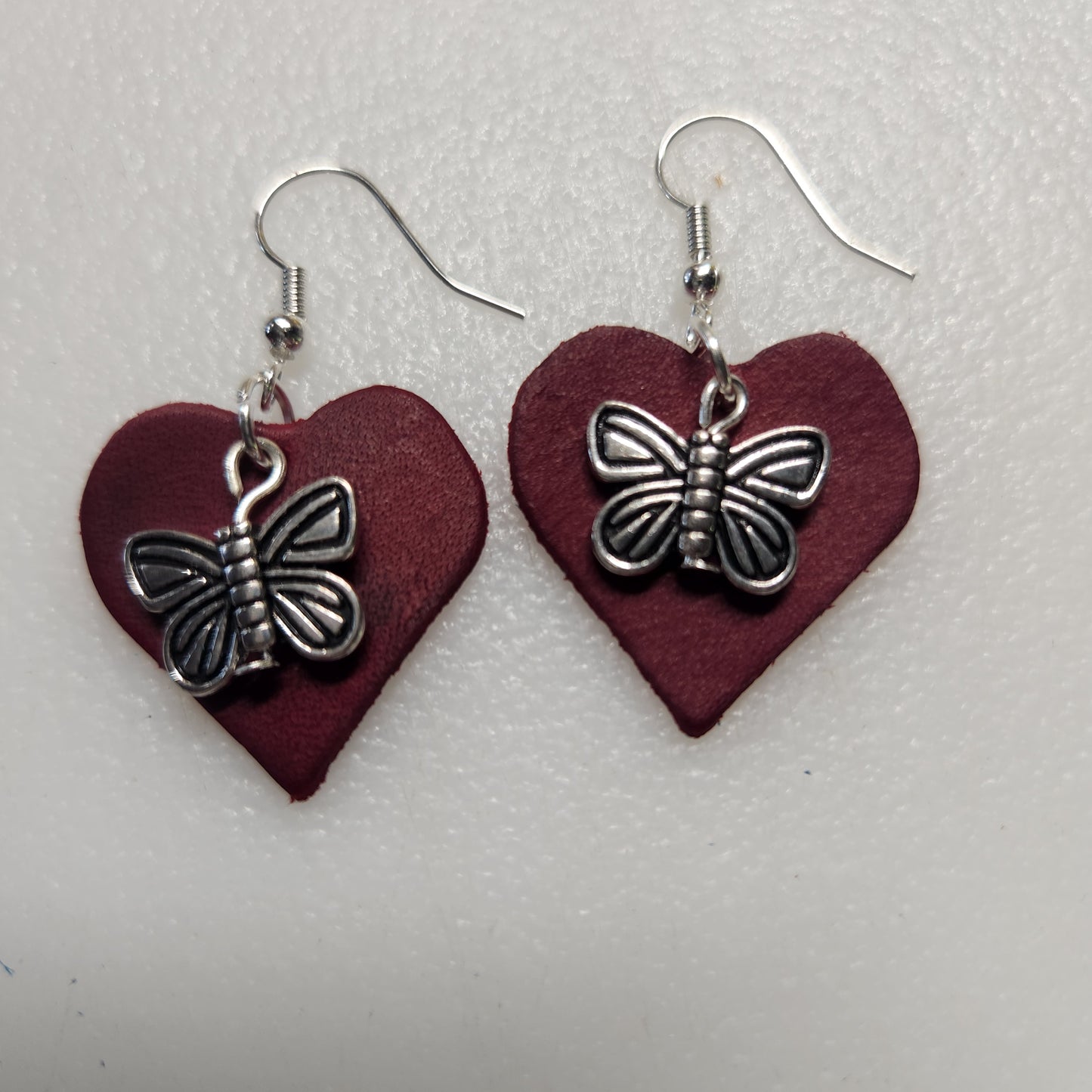 Classy Red Leather Earrings with Silver-toned Butterfly Charm
