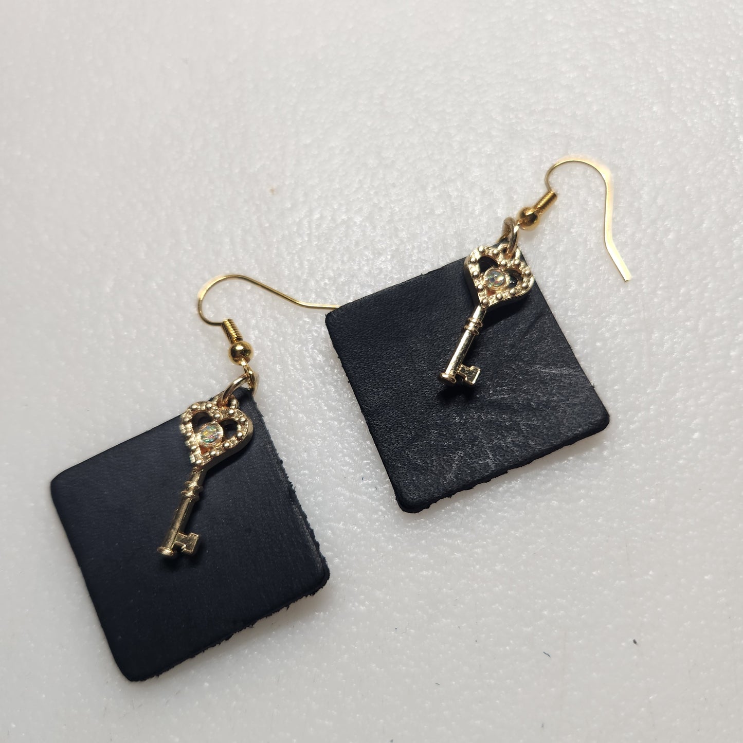 Fun Black Leather Earrings with Gold-toned Key Charm