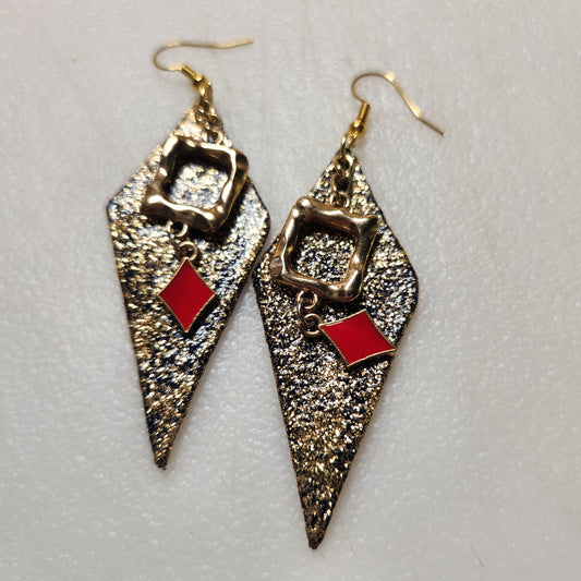 Gold Glitter Leather Earrings with Red Color Splash and Gold Toned Bangle