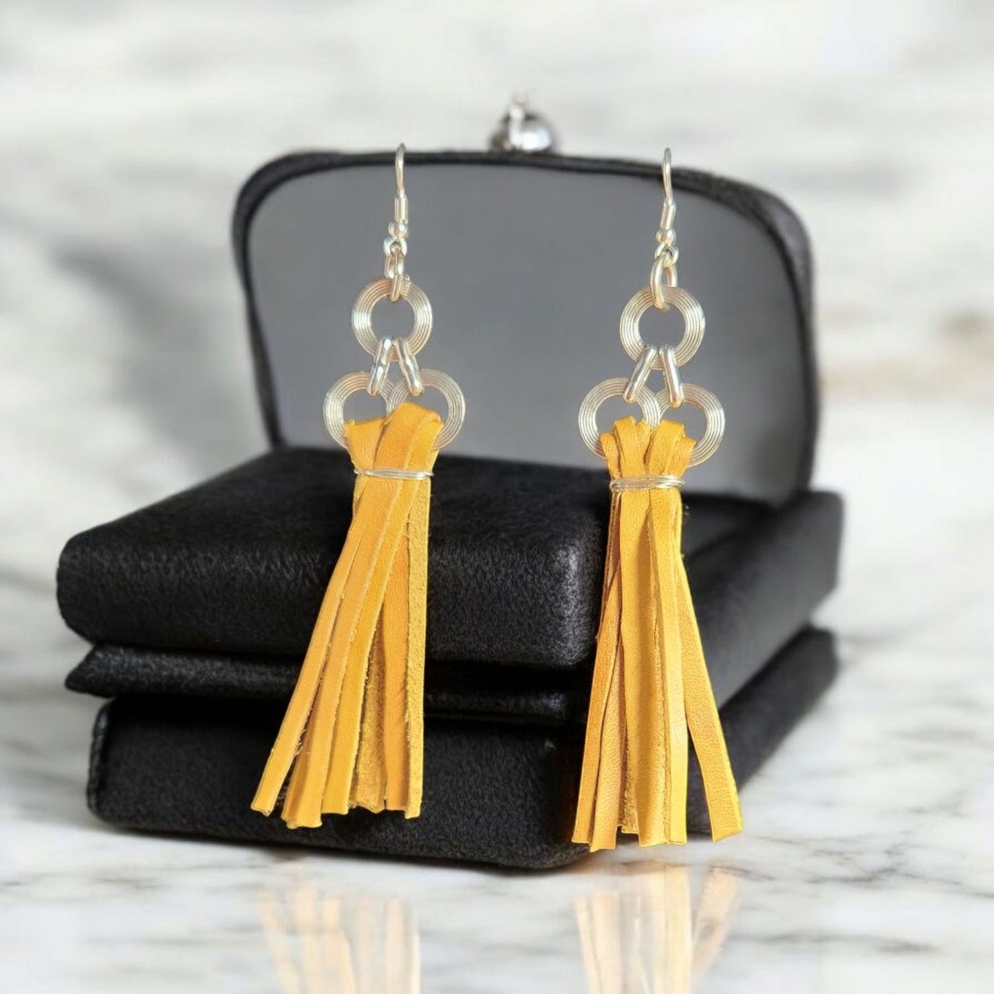 Yellow leather fringe earrings