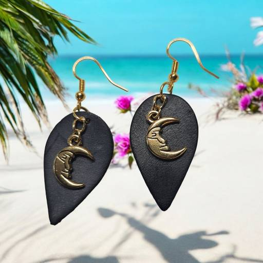 Catchy Small Black Leather Earrings with Gold Moon Charms