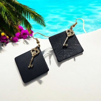 Fun Black Leather Earrings with Gold-toned Key Charm